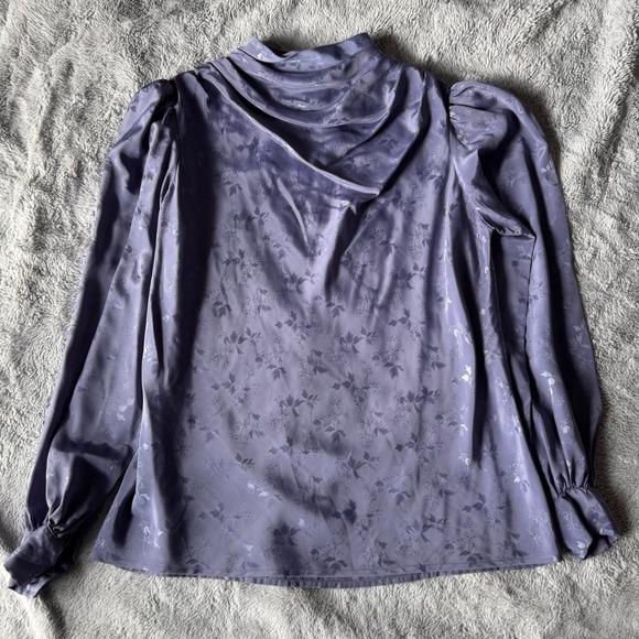 Alexandria Tops - Vintage Alexandria Purple Satin Floral Jacquard Mock Neck Puff Sleeve Blouse 10